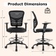 Mesh drafting chair dimensions showing adjustable seat height, armrests, and foot-ring for ergonomic office use.