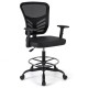 Black mesh drafting chair with adjustable armrests and foot-ring, featuring ergonomic backrest for office use.