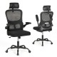 Mesh office chair in black with adjustable lumbar support, flip-up armrests, and reclining backrest for ergonomic.