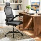 Black mesh office chair with adaptive lumbar support, flip-up armrests, and reclining backrest for ergonomic comfort.