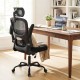 Black mesh office chair featuring adaptive lumbar support, flip-up armrests, and a reclining backrest for ergonomic.
