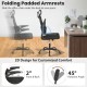 Mesh office chair with flip-up armrests, adjustable lumbar support, and reclining backrest for ergonomic comfort.
