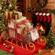 Red metal Christmas Santa sleigh basket with gifts, featuring a golden base, perfect for festive storage and decoration.