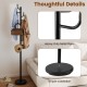 Close-up of the metal coat rack's heavy-duty base and sturdy hooks, designed for stability and elegant style in any.