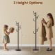 Metal coat rack stand with 8 sturdy hooks, shown in two height options, ideal for hallway or entryway organization.