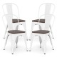 Set of 4 stackable white metal dining chairs with wood seats and detachable high backrests for kitchen or cafe use.