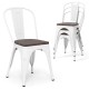 Stackable white metal dining chairs with detachable high backrest and elm wood seat, ideal for kitchens and cafes.
