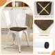 Stackable metal dining chair with wood seat, reinforced structure, and non-slip foot pads for kitchen or cafe use.