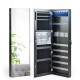 Wall-mounted jewelry armoire in black with LED mirror, featuring adjustable hooks and spacious storage for jewelry and.