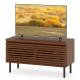Mid Century fluted TV stand in walnut with spacious tabletop and large drawer, perfect for stylish storage and.