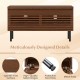Mid Century fluted TV stand in walnut with metal legs, featuring hidden compartments for organized storage.
