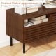 Mid Century Fluted TV stand in walnut finish with open compartment and drawer, perfect for modern entertainment setups.