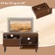 Mid Century Fluted TV Stand in walnut finish with open compartment, drawer, and dimensions for TVs up to 40 inches.