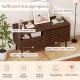 Mid Century fluted TV stand in walnut with spacious tabletop, open compartment, and large drawer for versatile storage.