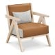 Mid-century modern accent chair with brown artificial leather and rubber wood frame, featuring a removable cushion and.