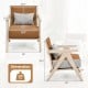 Mid-century modern accent chair in brown artificial leather with rubber wood frame, ergonomic backrest, and throw.