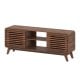 Mid-century modern entertainment center in walnut featuring a flat tabletop for TVs up to 65" and three adjustable.