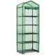 Portable green mini greenhouse with 5 tier shelves, roll-up door, and rustproof metal frame for balcony gardening.