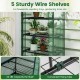 5-tier portable greenhouse with green metal frame and wire shelves, ideal for organizing flowerpots and seedling trays.