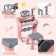 Mini keyboard piano for kids in pink with 25 keys, detachable music stand, microphone, and matching stool for toddlers.