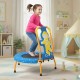 Toddler mini trampoline with foam padded handle, blue design, and safety cover for fun and secure jumping indoors.