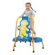 Toddler mini trampoline with foam padded handle and safety cover, designed for strength building and balance.