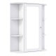 White mirrored bathroom medicine cabinet features a single mirror door and six fan-shaped shelves for stylish organization.