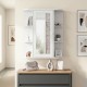 White mirrored bathroom medicine cabinet showcasing a modern design with six open shelves and a detachable inner shelf.