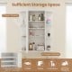 Mirrored bathroom medicine cabinet with adjustable shelves, six open shelves, and enclosed cabinet for versatile storage.
