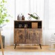 Mid-century wooden storage cabinet in rustic brown with wine glass holders and two enclosed cabinets for versatile.