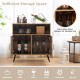 Mid-century wooden storage cabinet in rustic brown with wine glass holders and enclosed storage for versatile use.