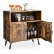 Mid-century wooden storage cabinet in rustic brown with wine glass holders and enclosed storage for versatile home use.