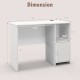 Modern white computer desk dimensions with open shelf and cabinet for versatile storage in study or office.