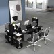 Modern black computer desk with storage shelves and hutch, ideal for home office organization and workspace efficiency.