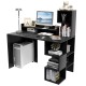 Modern black computer desk with storage bookshelf and hutch, featuring a spacious tabletop and multiple shelves for.