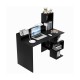 Modern black computer desk with storage shelves and hutch, ideal for home office use and organizing work supplies.