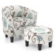 Modern accent tub chair and ottoman set with beige fabric upholstery, featuring a floral design and solid wood legs.