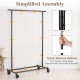 Mobile garment rack with extendable rods and quick-release buttons, featuring a sturdy metal frame and wheels for easy.