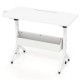 Mobile standing desk in white with adjustable height, cup holder, and storage basket, ideal for small spaces.
