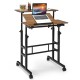 Mobile standing desk with adjustable height and tilting surface, featuring a walnut finish and sturdy steel frame for.