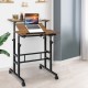Compact mobile standing desk with walnut finish and adjustable tilting top, perfect for limited spaces and versatile.