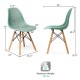 Hollow plastic chair in mint green with beech wood legs, showcasing dimensions for compact dining spaces.