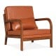 Modern accent chair with brown faux leather upholstery and removable cushions, perfect for living rooms and reading.