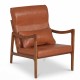 Modern accent chair in brown faux leather with solid rubber wood frame, featuring removable cushions for versatile.