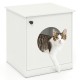 Modern cat litter box enclosure in white with a cat emerging from the circular entrance, suitable for small to large.