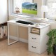 Modern white computer desk featuring a power outlet, file drawer, and ergonomic monitor stand for an organized.