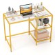 Modern console table with a gold metal frame, tempered glass top, and two open shelves for stylish organization.