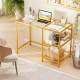 Modern console table with a golden metal frame, featuring two open shelves and a wide tempered glass tabletop.