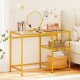 Modern console table with a golden metal frame, featuring a wide tabletop and two open shelves for stylish organization.