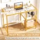 Modern console table with golden metal frame, spacious tabletop, and two open shelves for stylish organization.